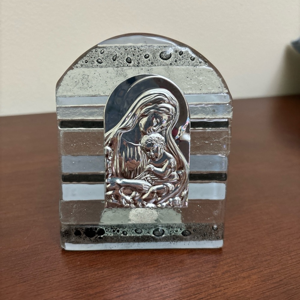 Madonna &Child Embossed Images On Tin Mounted On Glass Stand Art Deco Religious